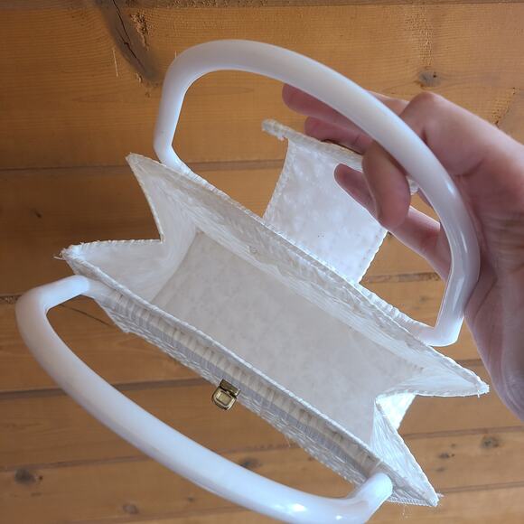 Vintage Woven White Purse Bag Foldover Clasp 60's 70's Flower Star Retro Pinup - Picture 7 of 7
